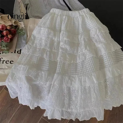 Kids Clothes For Girls Skirts Children Spring Lace Layered Dress Toddler White Casual Long Skirt Kids Fashion Clothing 2-8Y