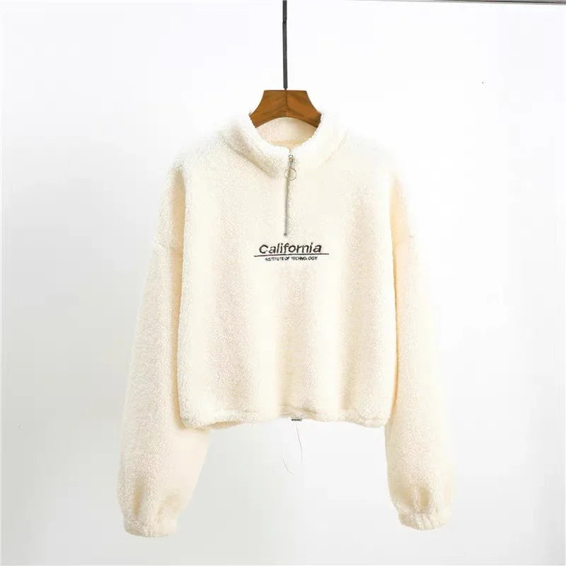 Women Letter Embroidery Stand Neck Fleece Cropped Hoodies Autumn Long Sleeve Drawstring Sweatshirt New Casual Plush Velvet Tops