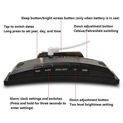 ساعة إلكترونية منحنية إبداعية، شاشة LED كبيرة، بطارية قابلة للشحن، مرآة مزدوجة الأغراض، ساعة منبه مخصصة لغرفة نوم الطلاب