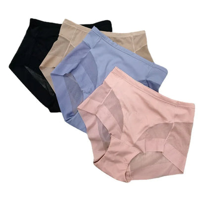 Sexy Mid Rise Womens Underwear Transparent Mesh Panties Waist Cincher Comfortable Ice Silk Large Size