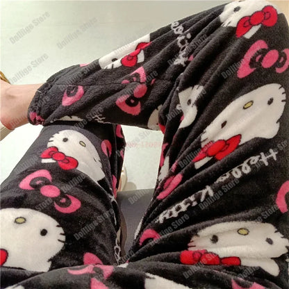 2024 Sanrio Hello Kitty Pajamas Halloween Flannel Fashion Trouserswomen Kawaii Woolen Anime Cartoon Casual Home Pants Autumn