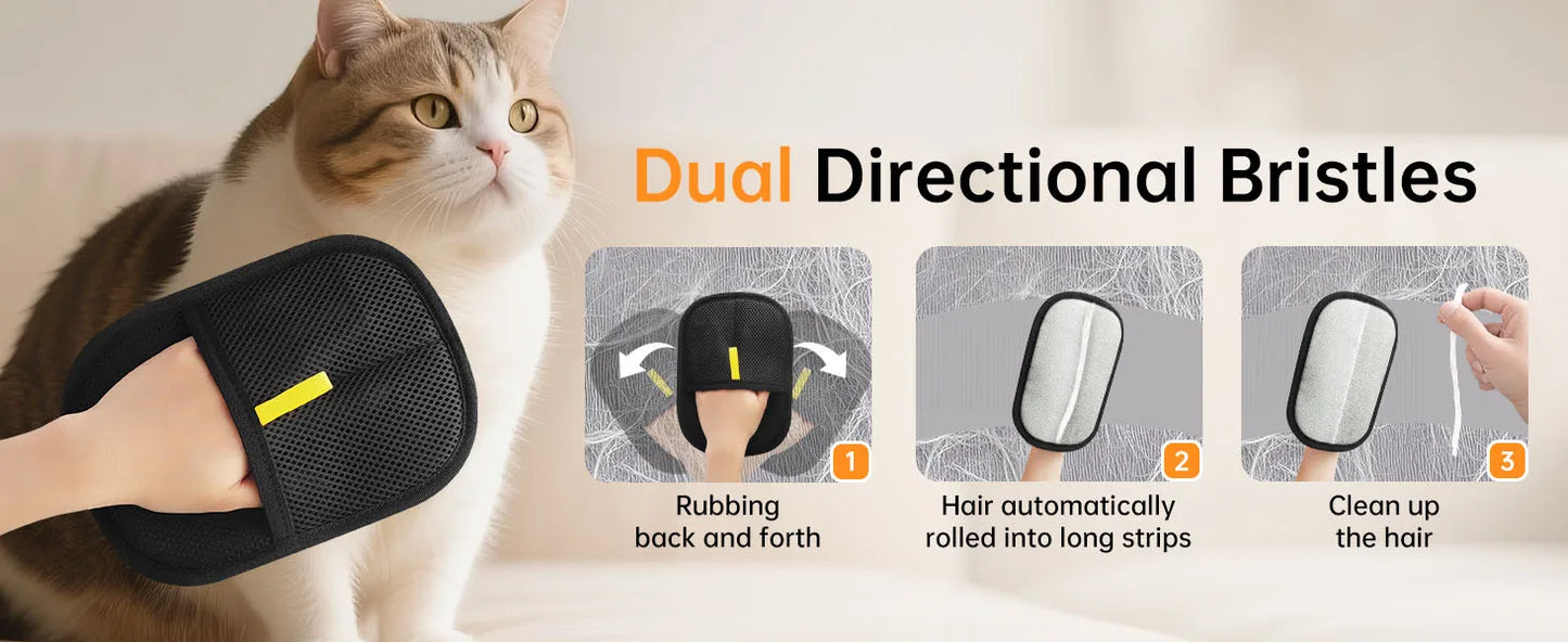 Reusable Double-Sided Pet Hair Removal Glove Anti-Static Grooming Tool for Cats Dogs Soft Brush Mitt for Furniture Carpet Cloth