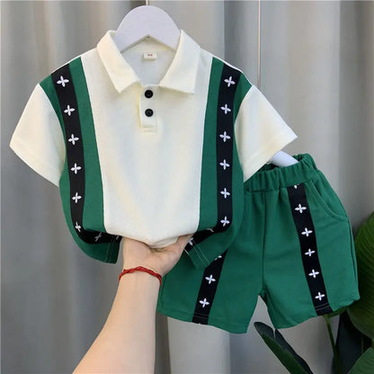 Korean Children's Clothes 2025 Summer Kids Clothes Boys Outfits Baby Thin Short Sleeves Stripe Polo Shirt +Shorts Two Pieces Set