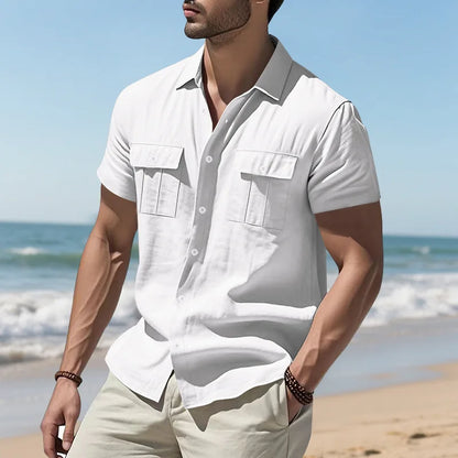 Men's Cotton Linen Short-Sleeved Shirt Summer Solid Color Stand-Up Collar Casual Beach Style plus Size S-5XL