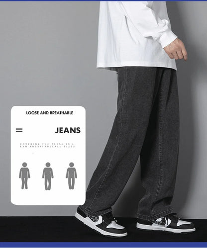 Korean Solid Colors Men's Casual Long Jeans Classic Man Four Seasons Straight Denim Wide-leg Pants Light Blue Grey Black 3XL