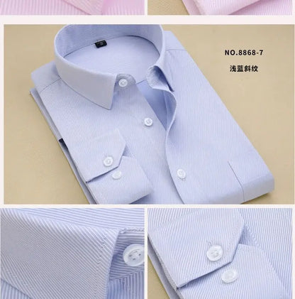 8XL Plus Size Men's Top Quality Dress Shirts Long Sleeve Slim Fit Solid Striped Business Formal White Shirt Male Social Clothing