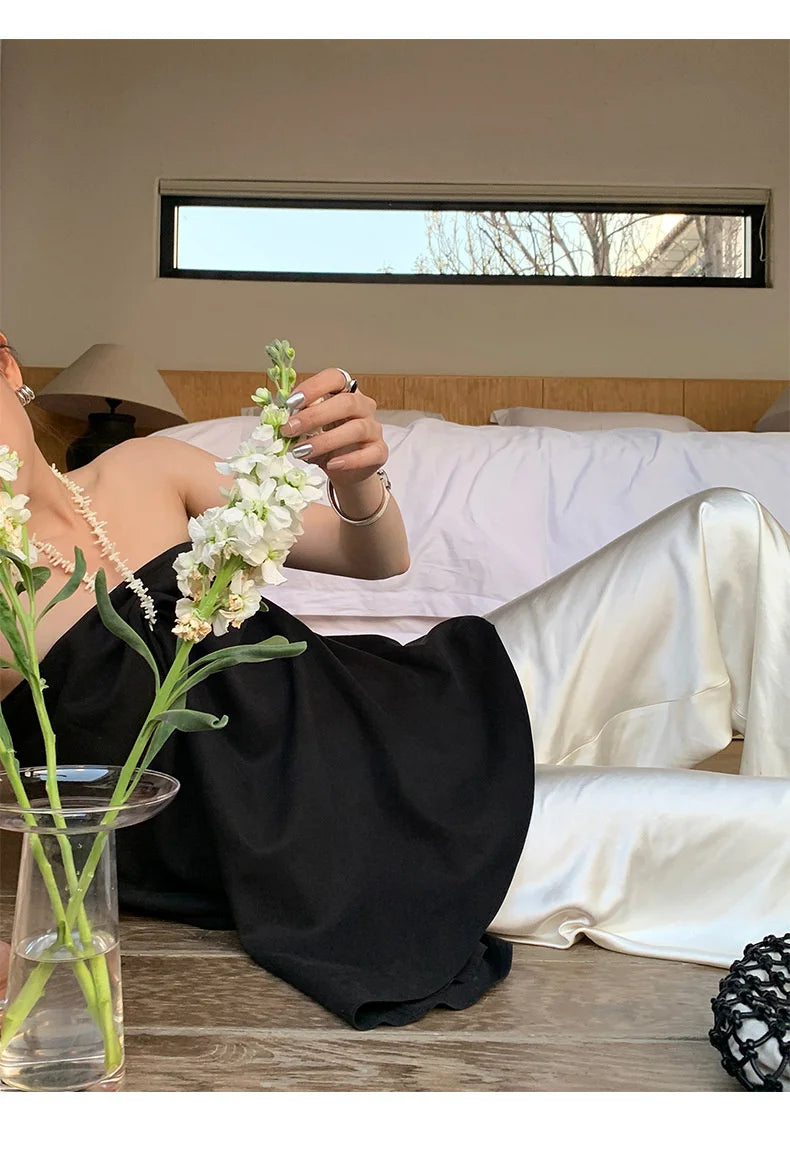 Satin Wide Leg Pants Long Floor Casual Pants Women's Summer