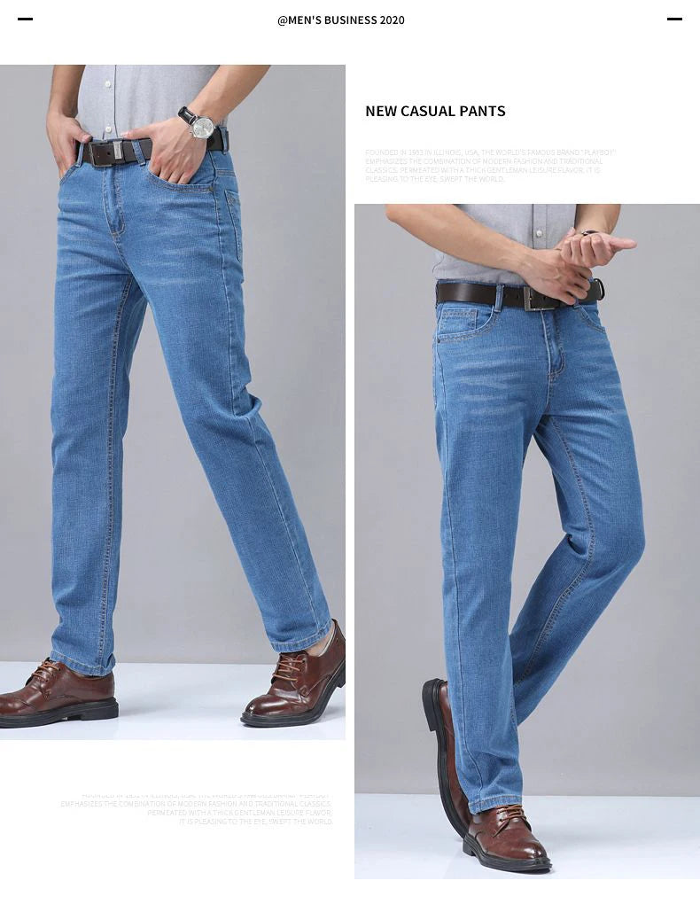 2025 Four Seasons New Men's Denim Business Pants High Quality Good Fabric Comfortable Slimming Straight leg Jeans Light Blue