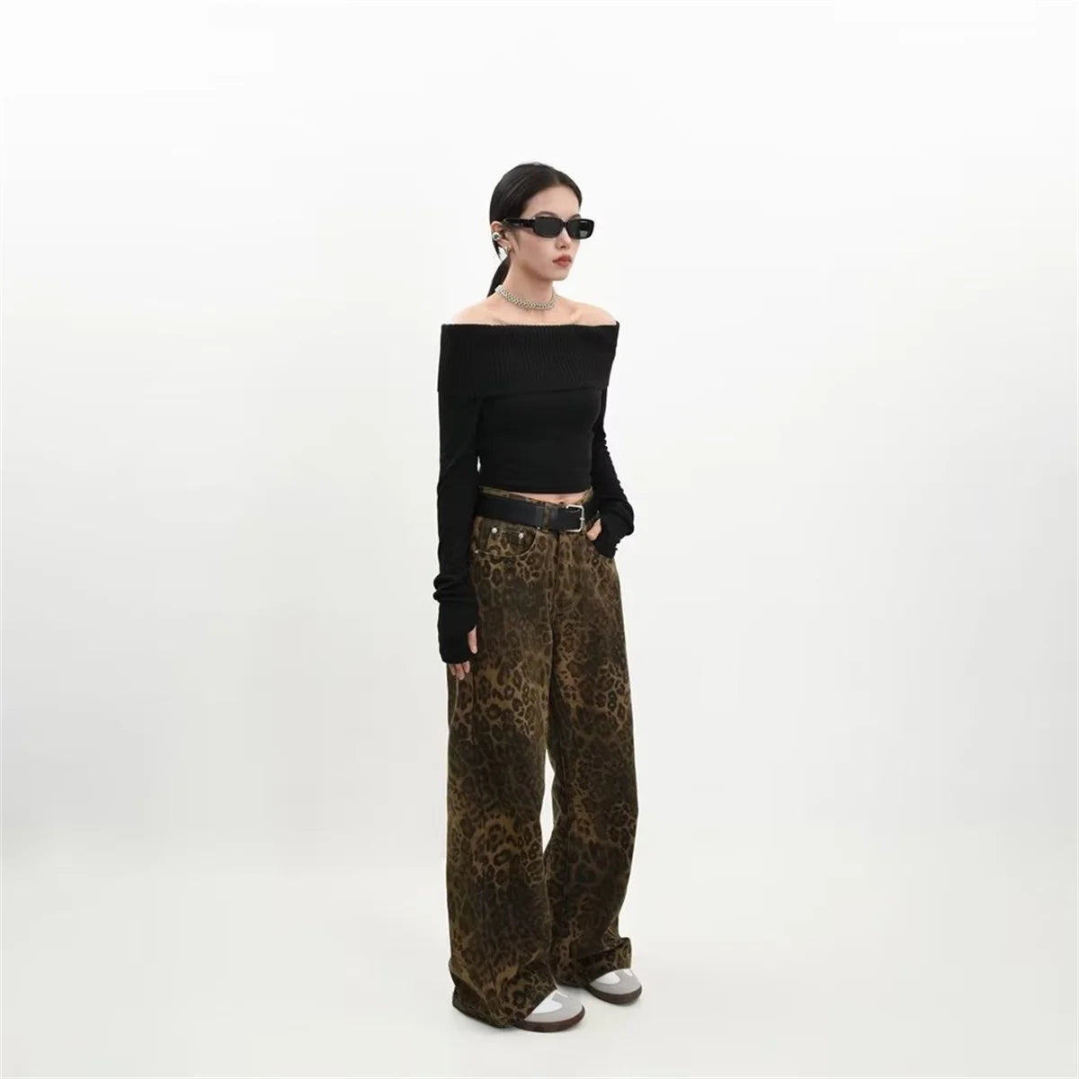 Vintage Leopard Jeans Women Denim Pants Female Spring Oversize Casual Wide Leg Trousers Streetwear Hip Hop Clothes Loose Y2K