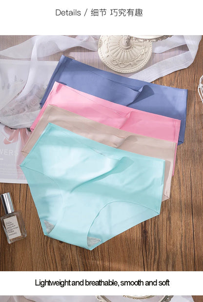 3Pcs Plus Size Underwear Women's Panties Ice Silk Solid Color Ladies Seamless Underpant Girls Briefs Breath Sexy Lingerie Female