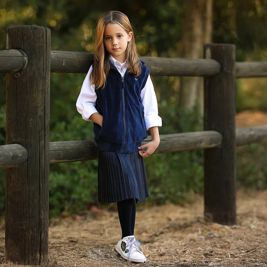 Kids school clothes boy/girl school vest navy velour lining hooded outside jacket front zippers and embroided heart kids tops