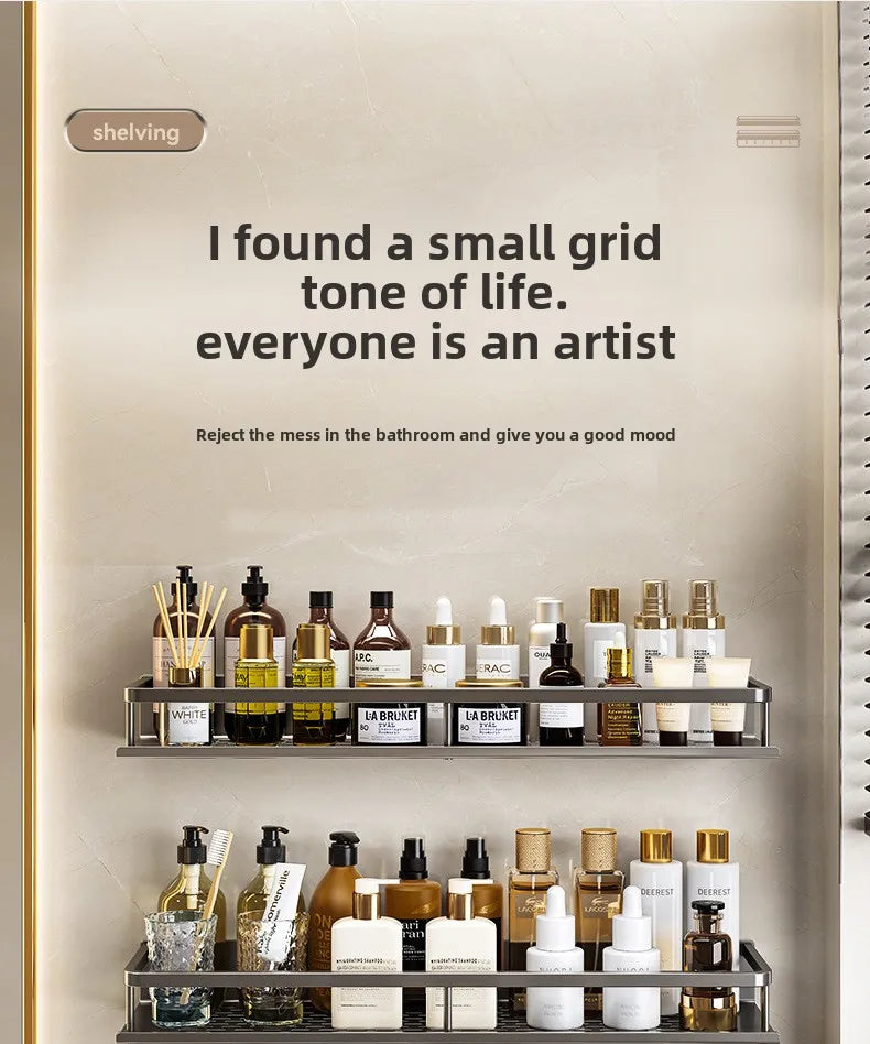 Bathroom storage rack, non perforated washbasin, hand washing and shower area, shower gel wall storage rack