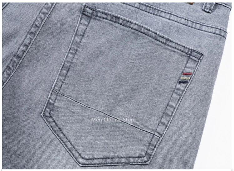 2024 Brand Thin or Thick Material Men's Elastic Cotton Jeans Fashion Gray Comfortable Denim Business Casual High Waist Pants
