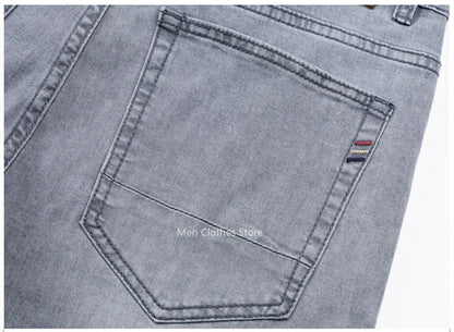 2024 Brand Thin or Thick Material Men's Elastic Cotton Jeans Fashion Gray Comfortable Denim Business Casual High Waist Pants