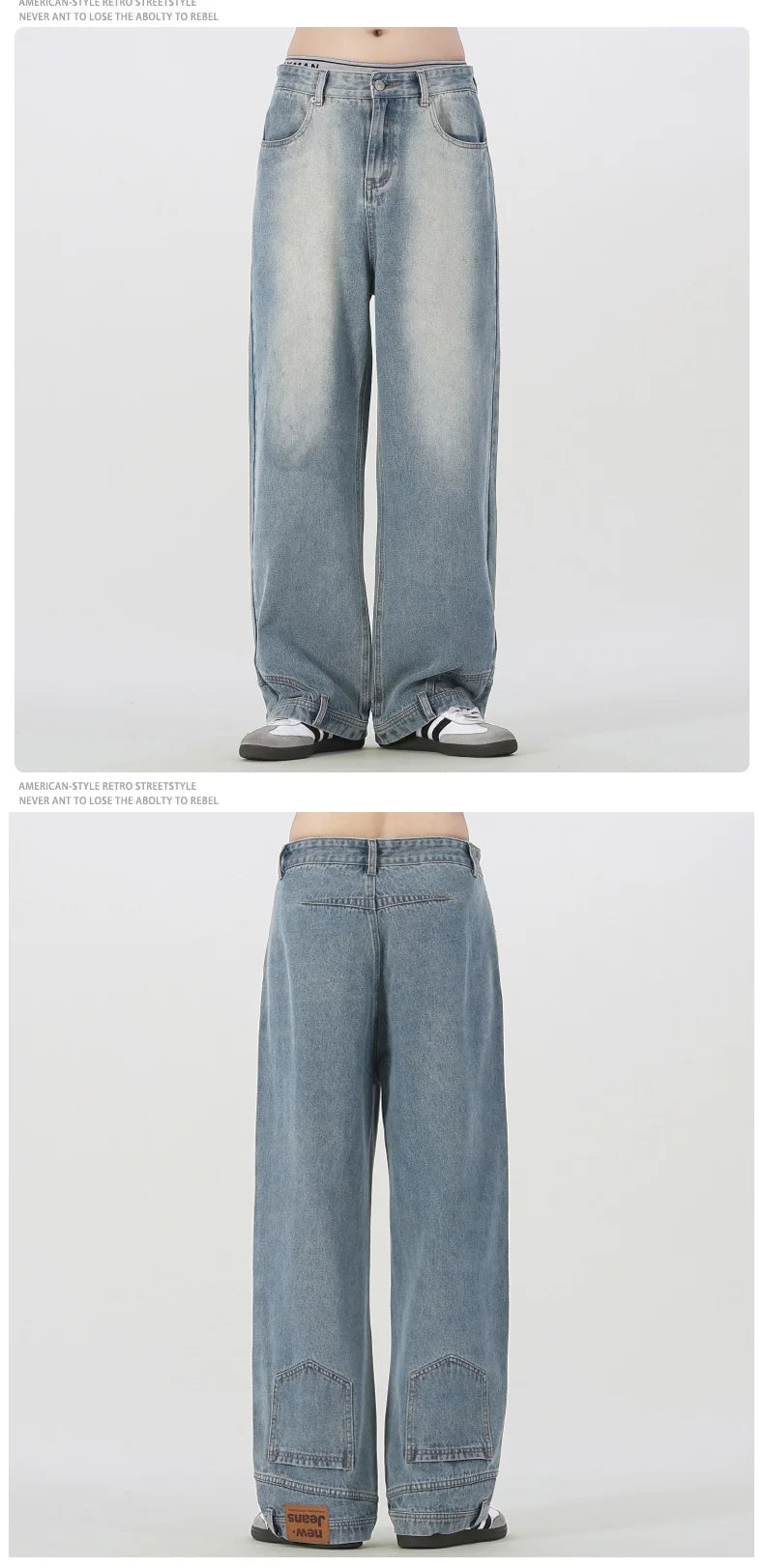 Vintage American Retro Reverse Side Turned Denim Jeans Men Women Couple Straight Wide Leg Baggy Drag Pants Trendy