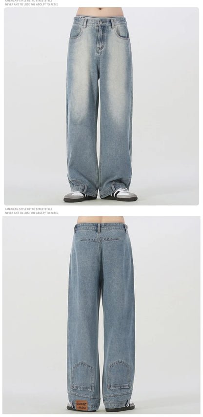 Vintage American Retro Reverse Side Turned Denim Jeans Men Women Couple Straight Wide Leg Baggy Drag Pants Trendy