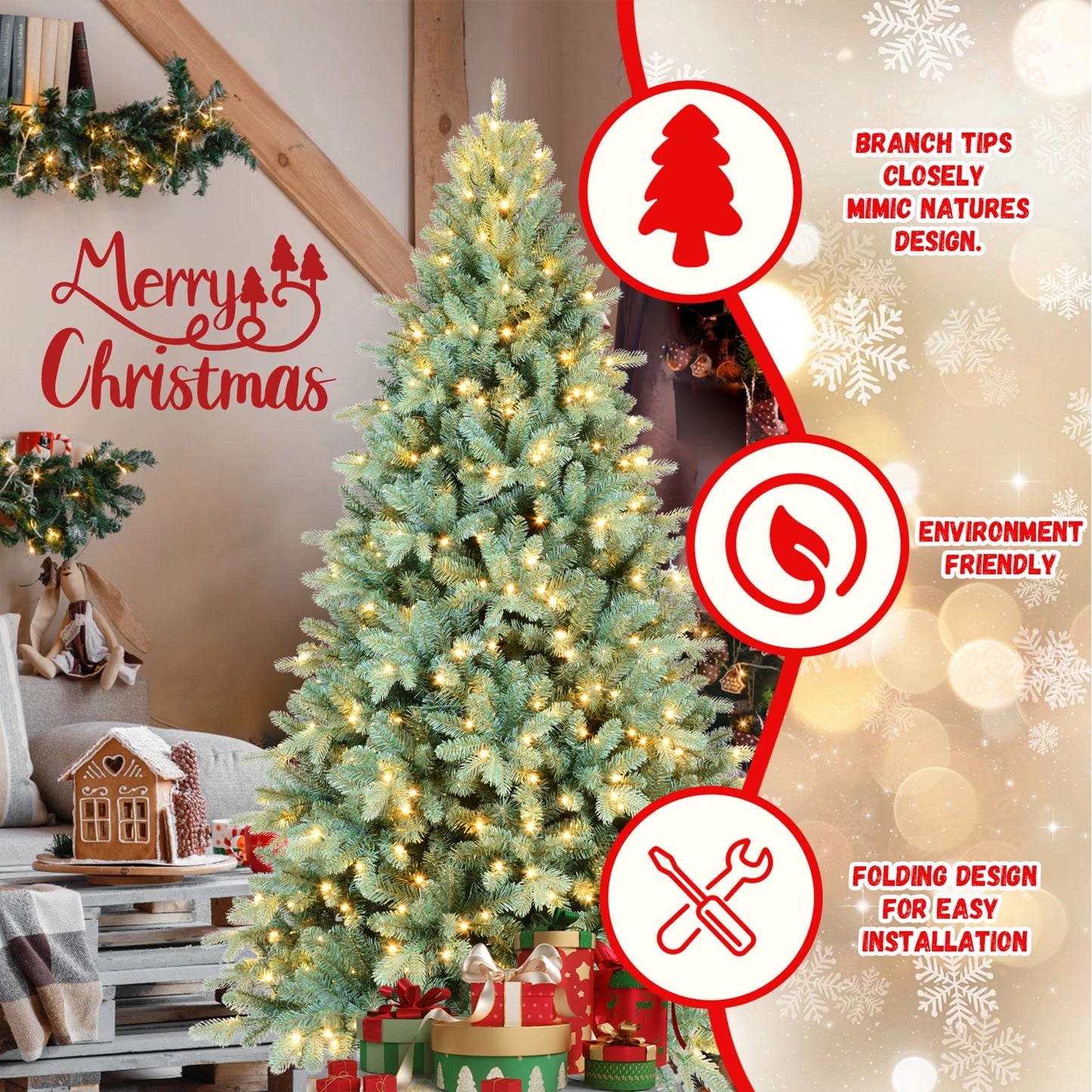PE+PVC Artificial Christmas Tree with 800LED Warm White Light Metal Stand Premium Xmas Tree with 3268 Branch Tips Easy Assemble