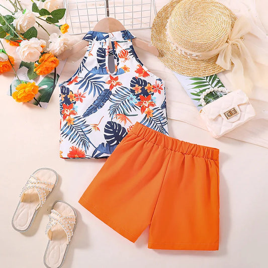 Kids Clothes Sets For Girls 4-7 Years Hanging Neck Sleeveless Top And Orange Shorts Summer Casual Vocation Party Two Piece Set