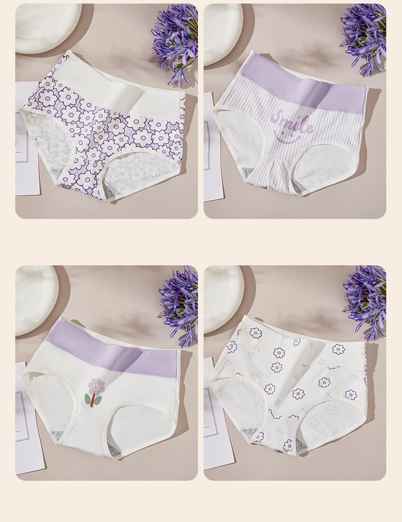 4Pcs/Set Cotton Panties Women High Waist Slimming Underwear Cute Print Young Girls Briefs Plus Size M-4XL Soft Female Lingerie