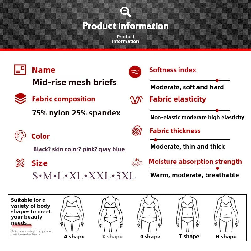 Sexy Mid Rise Womens Underwear Transparent Mesh Panties Waist Cincher Comfortable Ice Silk Large Size