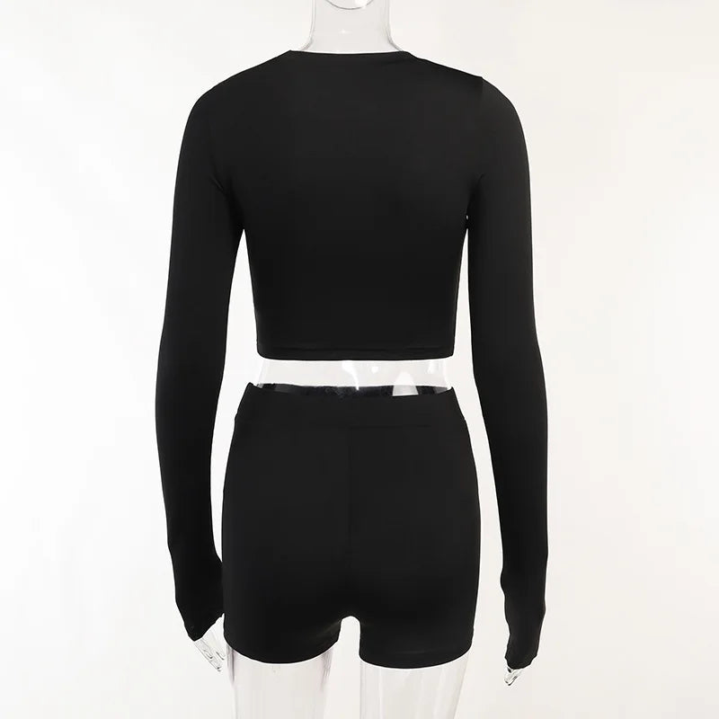 European and American Spring/Summer Round Neck Long Short sleeved 3/4 Shorts Two piece Women's Fashion Sports Versatile Set