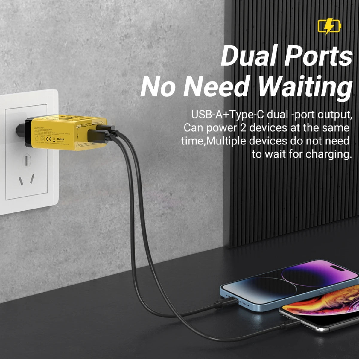 EU/US Plug PD65W GaN Fast Charger with Type-C and USB-A Interface Universal Dual Port Wall Charger Plug for Phones/Pads/Laptops