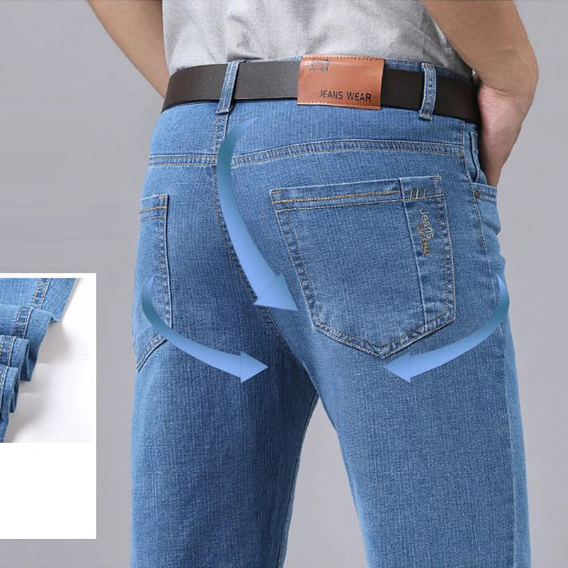 2025 Four Seasons New Men's Denim Business Pants High Quality Good Fabric Comfortable Slimming Straight leg Jeans Light Blue