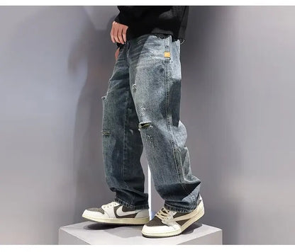 New Men's Ripped Jeans Baggy Straight Fashion Vintage Blue Denim Pants Personality Streetwear Hip Hop High Quality Male Trousers