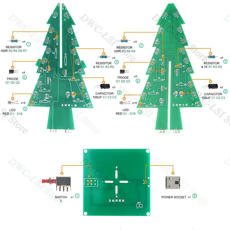 Creative 3D Christmas Tree LED DIY Kit Red/Green/Yellow LED Flash Circuit Kit Electronic Fun Suite 3 Color/7 Color PCB