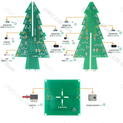 Creative 3D Christmas Tree LED DIY Kit Red/Green/Yellow LED Flash Circuit Kit Electronic Fun Suite 3 Color/7 Color PCB
