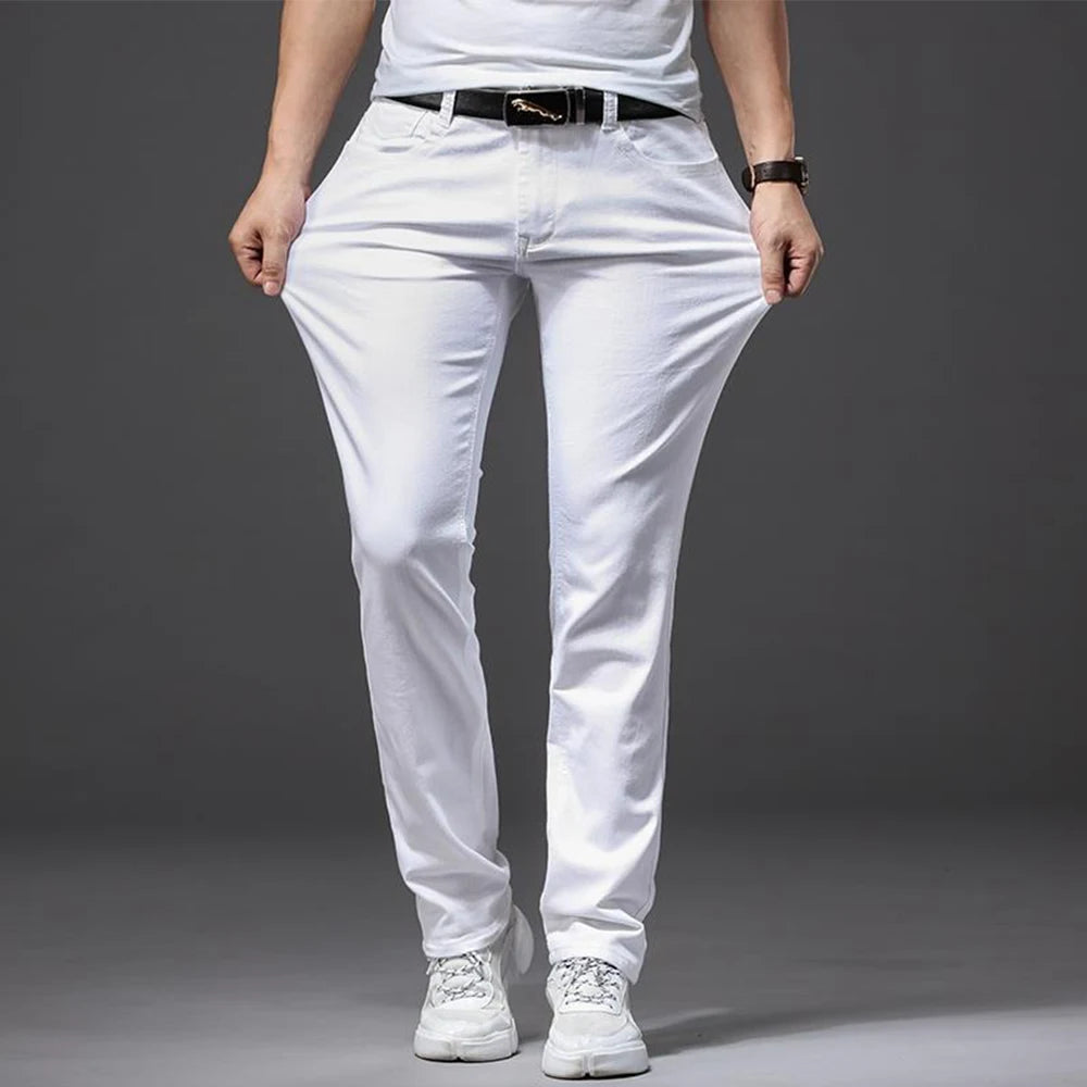 Men White Jeans Elasticity Straight Slim Fit Casual Soft Business Classic Brand Trousers Fashion Advanced Stretch Denim Pants