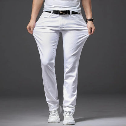 Men White Jeans Elasticity Straight Slim Fit Casual Soft Business Classic Brand Trousers Fashion Advanced Stretch Denim Pants