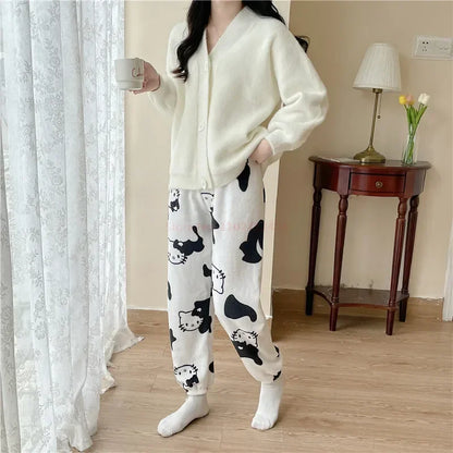 2024 Sanrio Hello Kitty Pajamas Halloween Flannel Fashion Trouserswomen Kawaii Woolen Anime Cartoon Casual Home Pants Autumn
