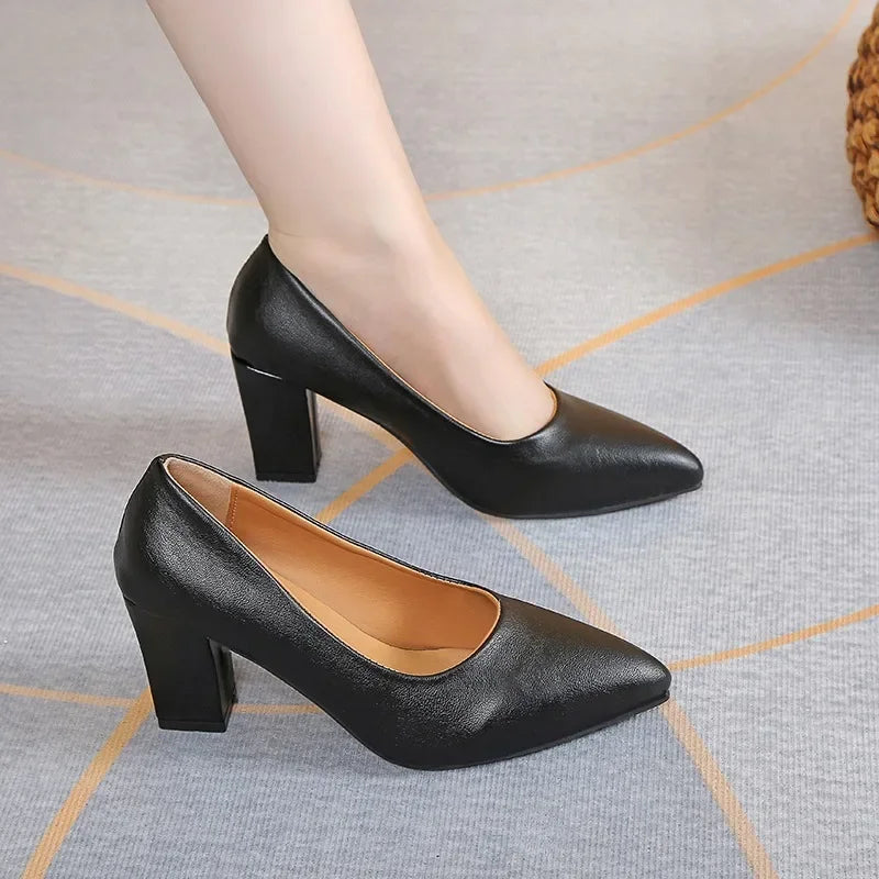 2024 Brand Shoes for Women Slip on Women's High Heels Concise Office & Career Pumps Women Pointed Toe Chunky Heels Shoes Ladies