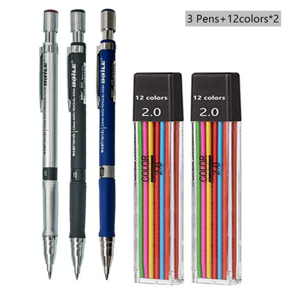 Mechanical Pencil Set 2.0 mm with 2B Black/Colors Lead Refill For Writing Sketching Art Drawing Painting School Automatic Pencil