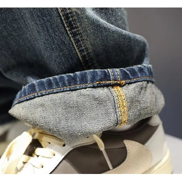 New Men's Ripped Jeans Baggy Straight Fashion Vintage Blue Denim Pants Personality Streetwear Hip Hop High Quality Male Trousers