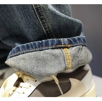 New Men's Ripped Jeans Baggy Straight Fashion Vintage Blue Denim Pants Personality Streetwear Hip Hop High Quality Male Trousers