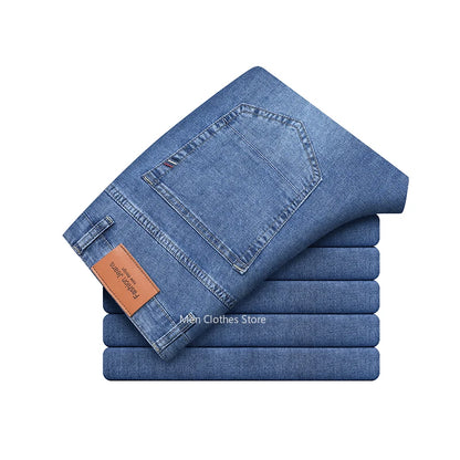 2024 Brand Thin or Thick Material Men's Elastic Cotton Jeans Fashion Gray Comfortable Denim Business Casual High Waist Pants