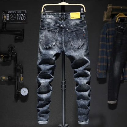 American Elastic Straight Jeans Men Ripped Worn-out Slim-fit Cotton Denim Pants Korean Style Fashion Blue Black Men's Clothing