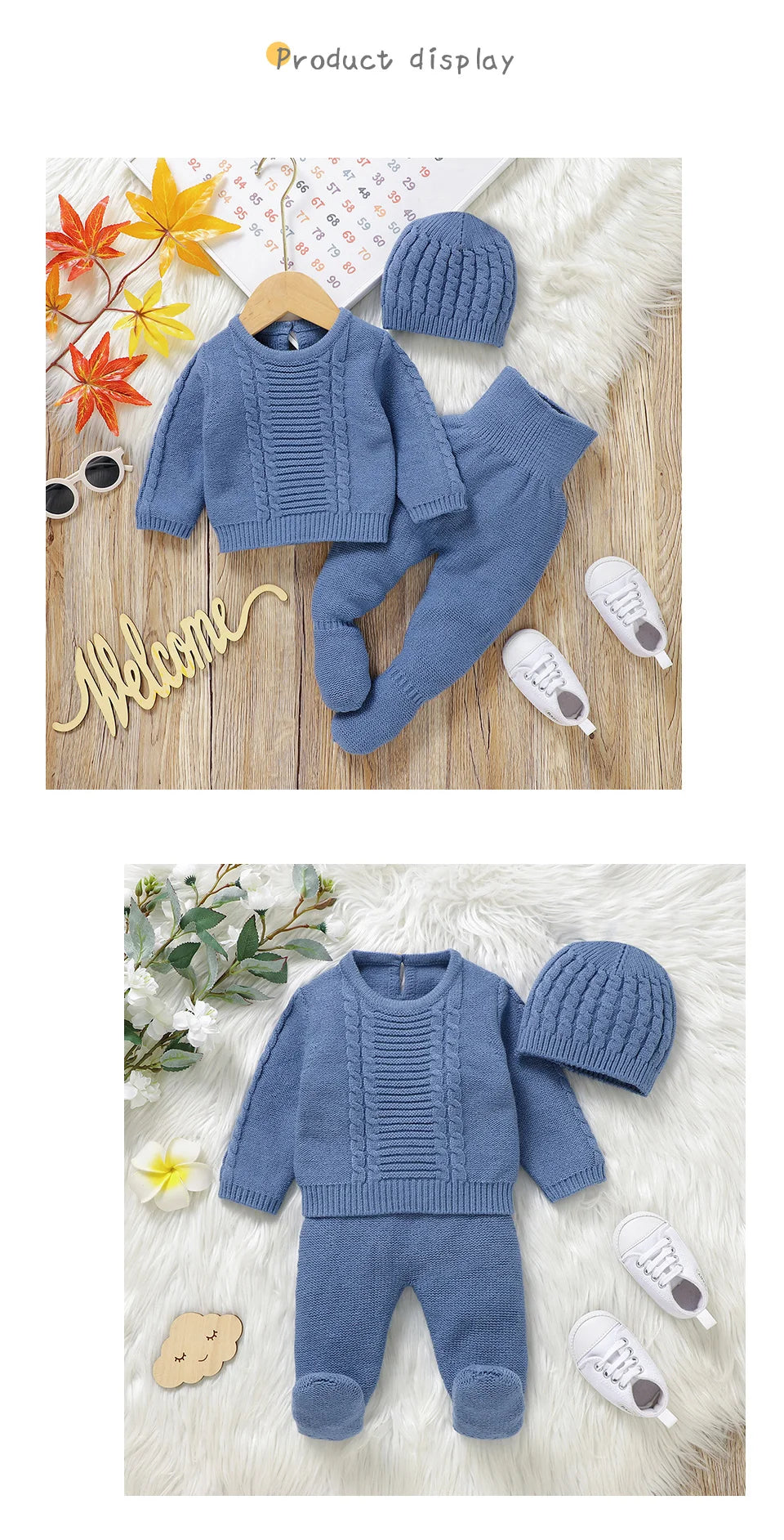 Kids Clothes Set 0-9M Autumn Winter Blue Casual Outerwear Newborn Infant Boys Long Sleeve Sweaters Pullovers+Pants Toddler Suits