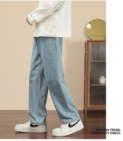 2023 New Korean Fashion Men's Casual Ankle-Length Jeans Classic Man Straight Denim Wide-leg Pants Light Blue Grey Black 3XL