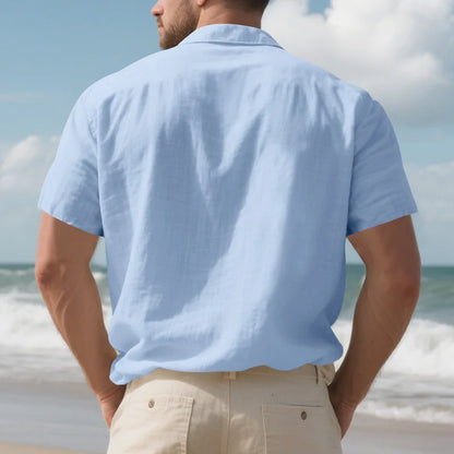 Men's Cotton Linen Short-Sleeved Shirt Summer Solid Color Stand-Up Collar Casual Beach Style plus Size S-5XL
