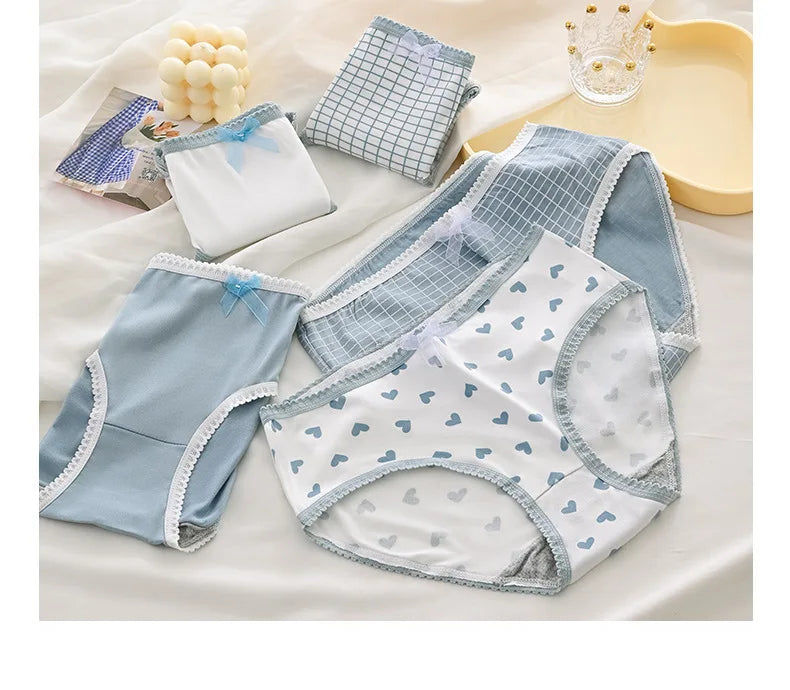 5pcs Women’s Cotton Panties Underwear Briefs Set Cute Bow Heart Plaid Print Soft Breathable Comfy Intimates Lingerie