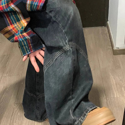 Y2K Spicy Girl Dark Series Wide Leg Jeans Women's New High Street Splicing Loose High Waist Slimming Flare  Pants