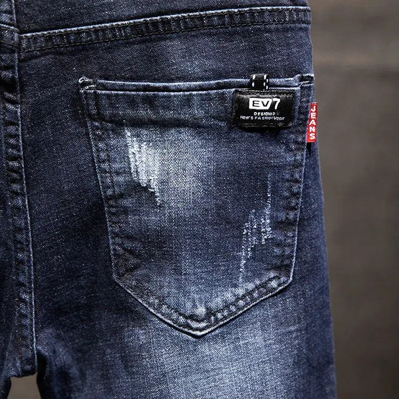 American Elastic Straight Jeans Men Ripped Worn-out Slim-fit Cotton Denim Pants Korean Style Fashion Blue Black Men's Clothing