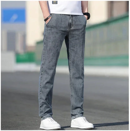 KUBRO 2024 Summer New Men's Loose Stretch Gray Jeans Fashion Casual Stretch Straight-leg Denim Pants Male Light Blue Brand
