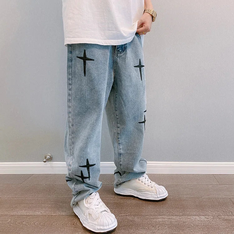 Prints Jeans Men 2023 New Streetwear Baggy Wide Leg Jeans Korean Fashion Drapes Straight Casual Loose Denim Cargo Pants