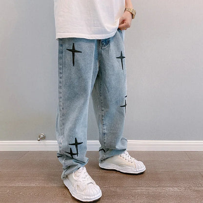 Prints Jeans Men 2023 New Streetwear Baggy Wide Leg Jeans Korean Fashion Drapes Straight Casual Loose Denim Cargo Pants