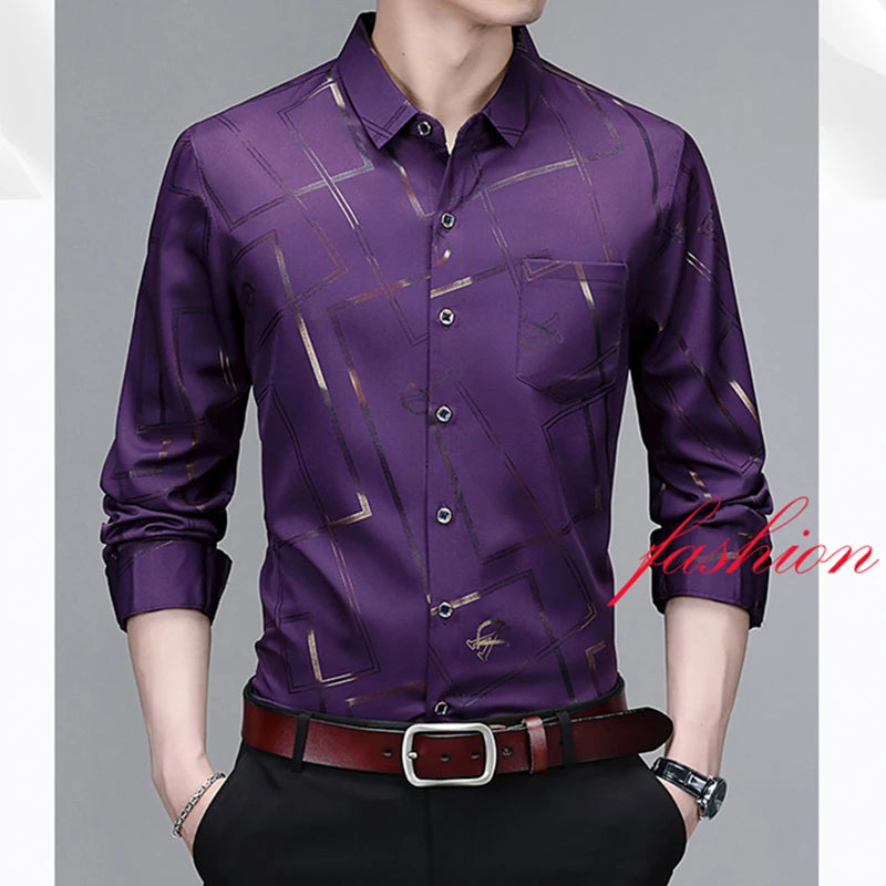 Men's Casual and Fashionable Long Sleeved Printed Shirt, Non Ironing and Wrinkle Resistant Business Top