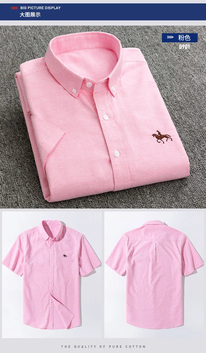 100% Pure Cotton Oxford Shirt For Men’s Short Sleeve Solid Stripe Leisure Embroidered Horse Social Business Formal Dress Shirts